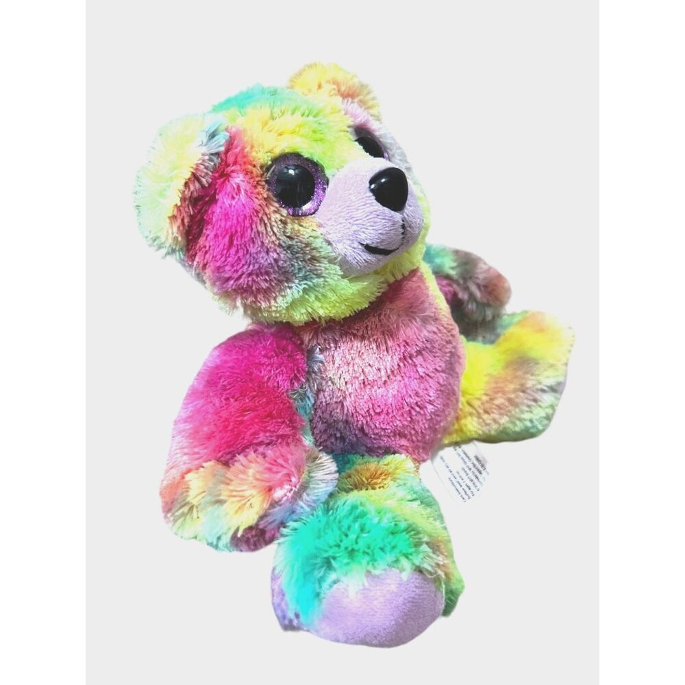 Tie Dye Teddy Bear with Purple Eyes 8" Tall Multicolor Bright Purple Feet